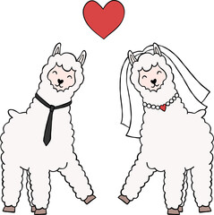 Cute Couple Bride And Groom Alpaca Llama Character Pink Red Heart Balloon Cartoon Valentine Element