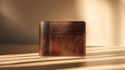 Elegant Brown Leather Wallet on Soft Beige Surface with Beautiful Shadows