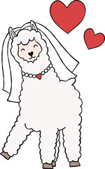 Cute Married Wife Bride Alpaca Llama Character Pink Red Heart Balloon Cartoon Valentine Element