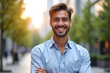 Obraz premium Portrait of a confident young entrepreneur smiling brightly while standing outdoors in a modern urban environment