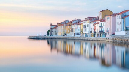 Tranquil summer morning in a European coastal town with colorful buildings reflecting in the calm sea under a soft pastel sky
