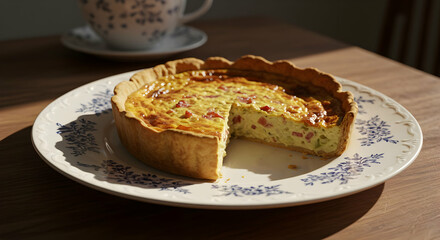 Baked Quiche With Slices On Decorative Plate