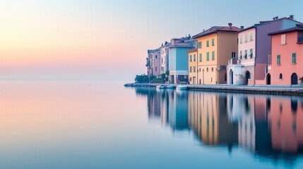 Obraz premium Tranquil summer morning in a European coastal town with colorful buildings reflecting in the calm sea under a soft pastel sky