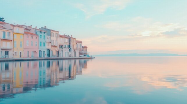 Tranquil summer morning in a European coastal town with colorful buildings reflecting in the calm sea under a soft pastel sky