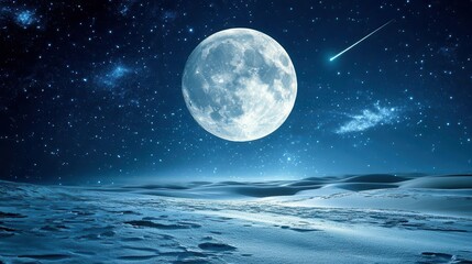 Majestic Full Moon Illuminating a Serene Night Sky with Stars and a Comet Over Calm Waters