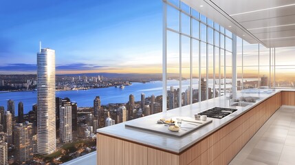 Fototapeta premium A modern kitchen overlooking a vibrant city skyline during sunset