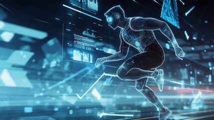 An AI powered real time sports performance analysis system, tracking athlete movements and providing instant feedback on techniques to optimize performance during training, glowing sports interface