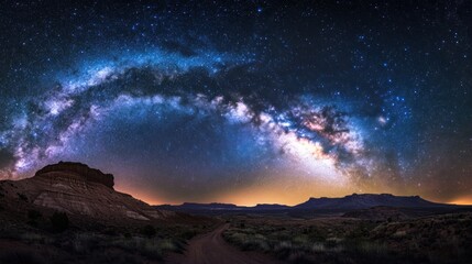 Spectacular Milky Way panorama arcing over desolate canyon landscapes
