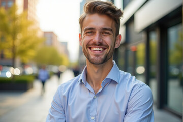Fototapeta premium Portrait of a confident young entrepreneur smiling brightly while standing outdoors in a modern urban environment