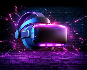 VR Headset, Neon, Brick Wall