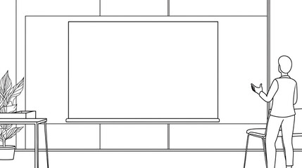 A man stands in front of a large white board