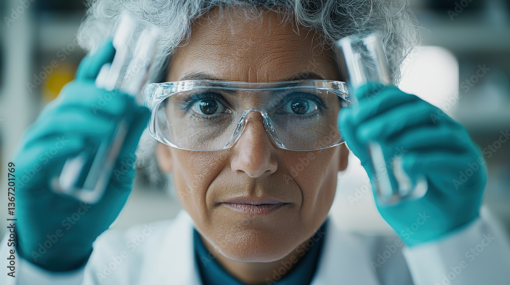 Fototapete scientist wearing safety goggles and gloves examines test tubes in laboratory setting, showcasing fo