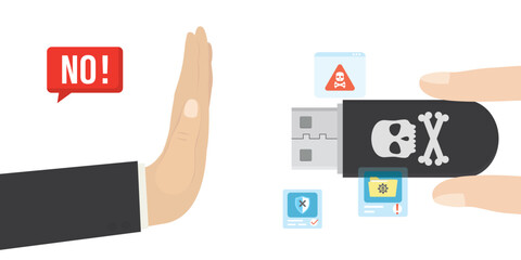 Human hand showing refusal gesture. User does not want to take flash card with viruses. USB drive infected with viruses, bugs and trojans. Computer protection, firewall.