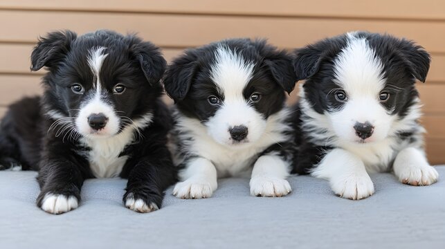 Three Adorable Border Collie Puppies Resting Together on a Soft Surface with a Warm Background