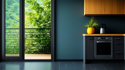Modern minimalist kitchen green garden view