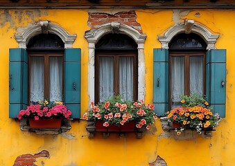 Three windows with shutters and flower boxes on a yellow wall