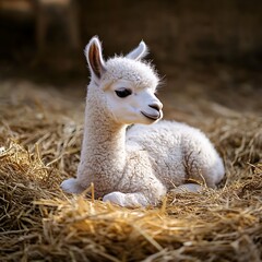 Naklejka premium Adorable White Alpaca Criag in Hay