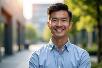 Obraz premium Portrait of a confident young entrepreneur smiling brightly while standing outdoors in a modern urban environment
