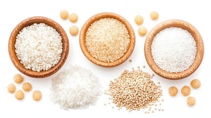 Variety of Rice Grains in Wooden Bowls with Natural Texture on White Background