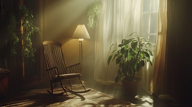 A relaxing reading spot with a bamboo rocking chair, a floor lamp, and a lush potted jade plant beside it.
