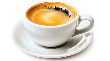 Freshly Brewed Coffee in a White Ceramic Cup on a Saucer with Swirls of Cream