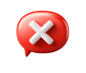 3D red speech bubble with white X icon on transparent background, PNG