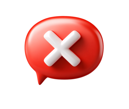 3D red speech bubble with white X icon on transparent background, PNG