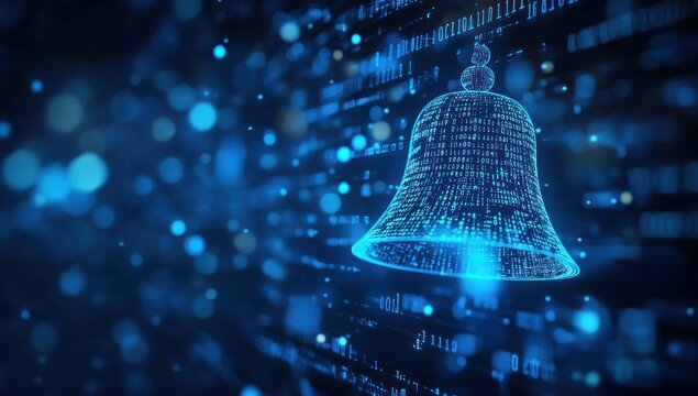 digital announcement bell futuristic notification system glowing binary data background abstract informational technology