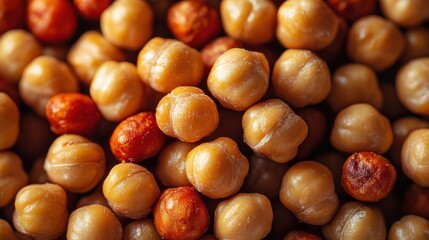 a close up view of a mix of roasted chickpeas,peeled peanuts showcasing their textures,golden brown hues a healthy crunchy snack rich in protein,nutrients