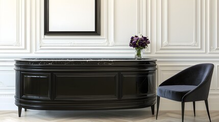 Elegant Black Console Table with Vase of Flowers and Modern Chair in a Minimalist Interior