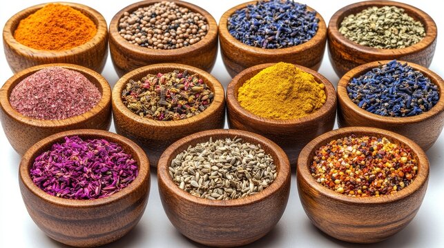 a collection of twelve wooden bowls filled with various dried spices seeds herbs,powders including cumin flaxseeds pink peppercorns hemp seeds,herbal blends for culinary,medicinal