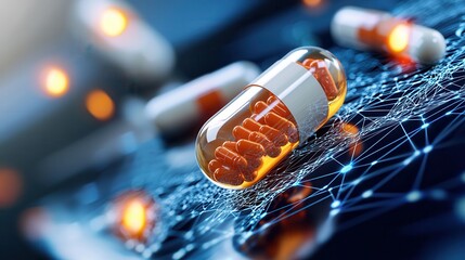 Artificial Intelligence Blockchain Healthcare solutions Close-up of a transparent capsule on a digital network background.