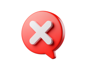 3D red speech bubble with white X icon on transparent background, PNG
