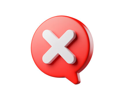 3D red speech bubble with white X icon on transparent background, PNG