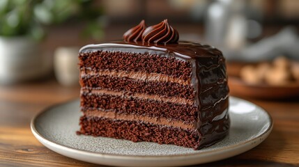 a decadent slice of devil s food cake featuring moist rich chocolate layers a glossy dark chocolate glaze,a smooth chocolate filling perfect for indulgent dessert lovers