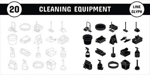 Cleaning Equipment Line Glyph Vector Illustration Icon Sticker Set Design Materials
