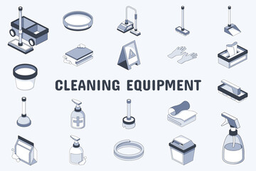 Cleaning Equipment Lineal Color Vector Illustration Icon Sticker Set Design Materials