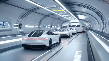 Fototapeta premium Futuristic city highway tunnel system with self driving electric vehicles in high speed motion showcasing advancements in urban transportation and infrastructure