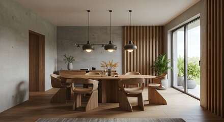Fototapeta premium Interior of modern dining room, dining table and wooden chairs in room with concrete wall. Home design. 3d rendering 