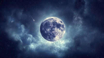 Obraz premium Bright Full Moon Illuminated Against a Starry Night Sky in an Ethereal Cosmic Landscape