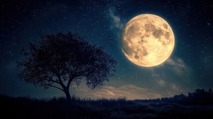 Fototapeta premium Majestic Full Moon Illuminating a Starry Night Sky Above a Solitary Tree in a Peaceful Landscape