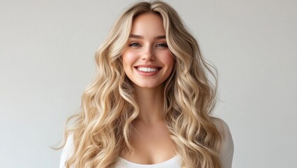 radiant portrait of an attractive blonde woman with a captivating smile and flowing wavy hair