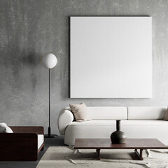 living room interior mock up with modern furnitures. Poster frame mock up in modern interior design. 3D illustration