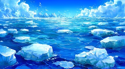 Fototapeta premium Vast Ocean View with Floating Icebergs Under a Clear Blue Sky and Soft White Clouds