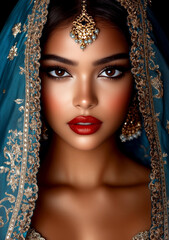 Woman with a red nose and red lips is wearing a blue and gold head scarf. The scarf is decorated with gold beads and pearls. The woman's face is the main focus of the image