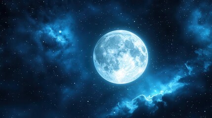 Brilliant Full Moon Illuminating Starry Night Sky with Mystical Clouds and Deep Blue Atmosphere