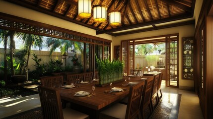 Fototapeta premium A sophisticated dining area with a bamboo chandelier, wooden dining table, and a lucky bamboo plant centerpiece.