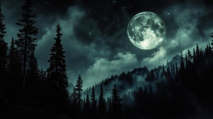 Naklejka premium Moonlit Night Over a Mystical Forest with Stars and Clouds in a Tranquil Atmosphere