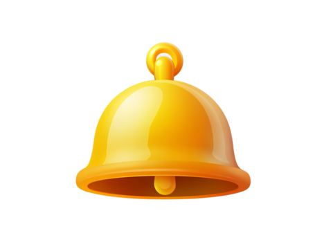 3D cartoon-style icon of a yellow bell on a white background, transparent PNG