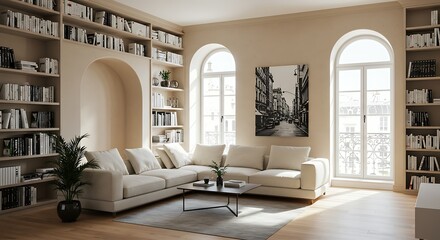 Fototapeta premium Parisian minimalist interior design of modern living room, home. Sofa and bookcase on parquet floor against french windows in room with white classic paneling walls.